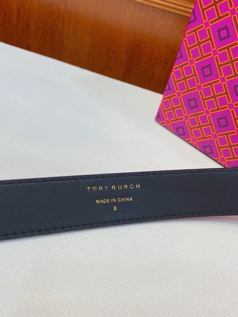 Tory Burch Navy Leather Belt with Gold Logo